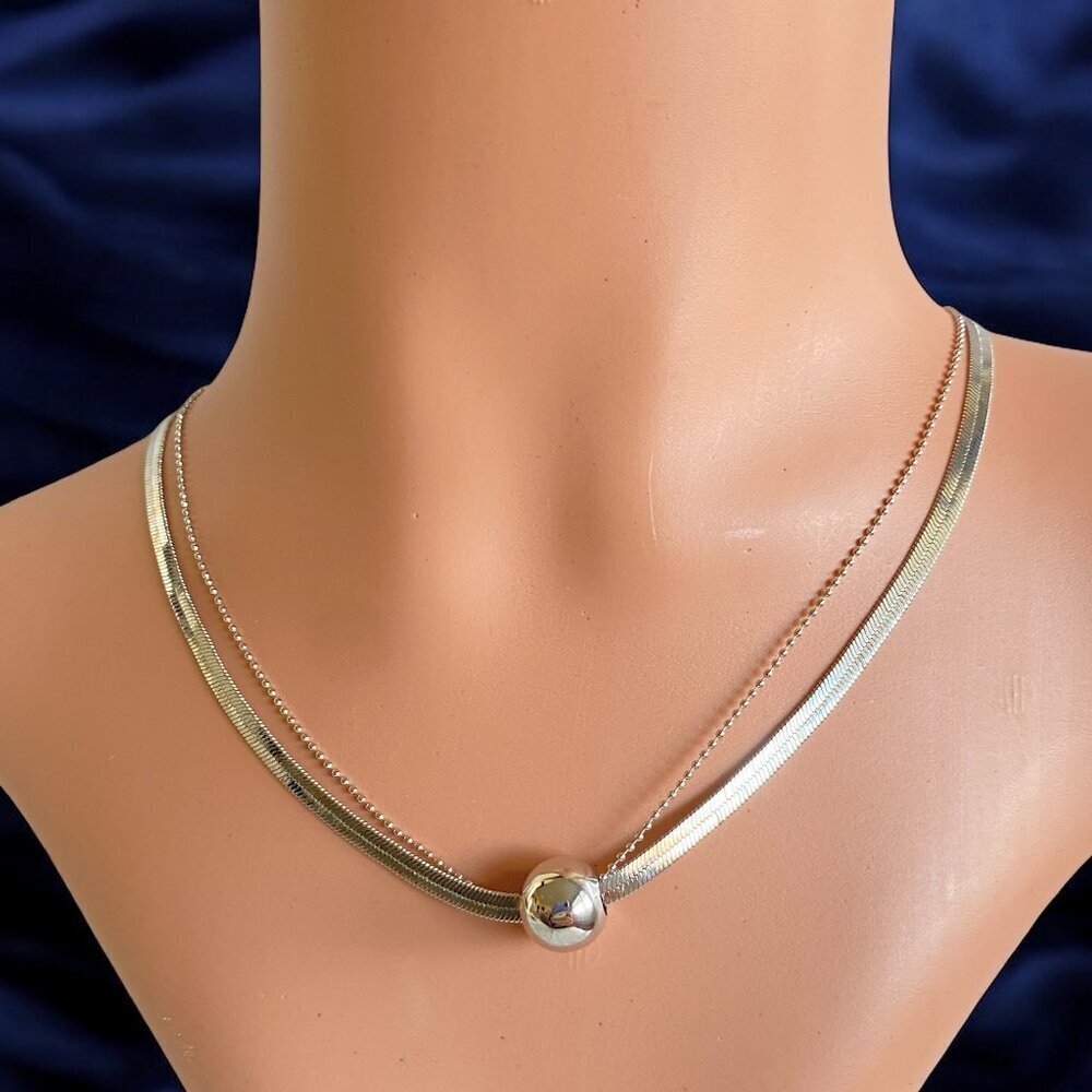 FAC Double Layer Rhodium Plated Silver Tone Necklace​​​